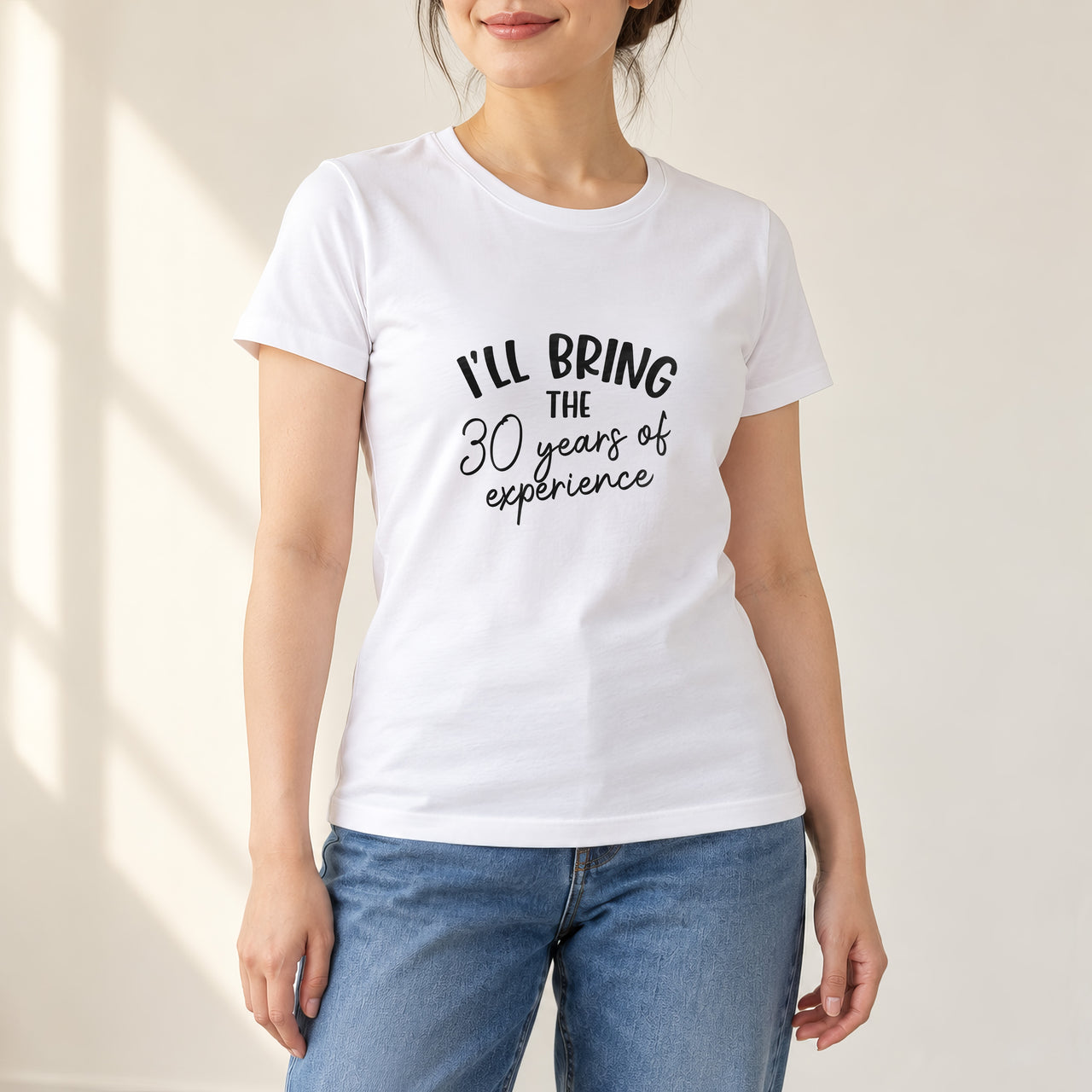 White T-shirt with the I'll Bring the Experience design printed on the chest