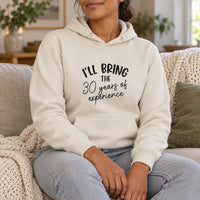 Sand hoodie with the I'll Bring the Experience design printed on the chest