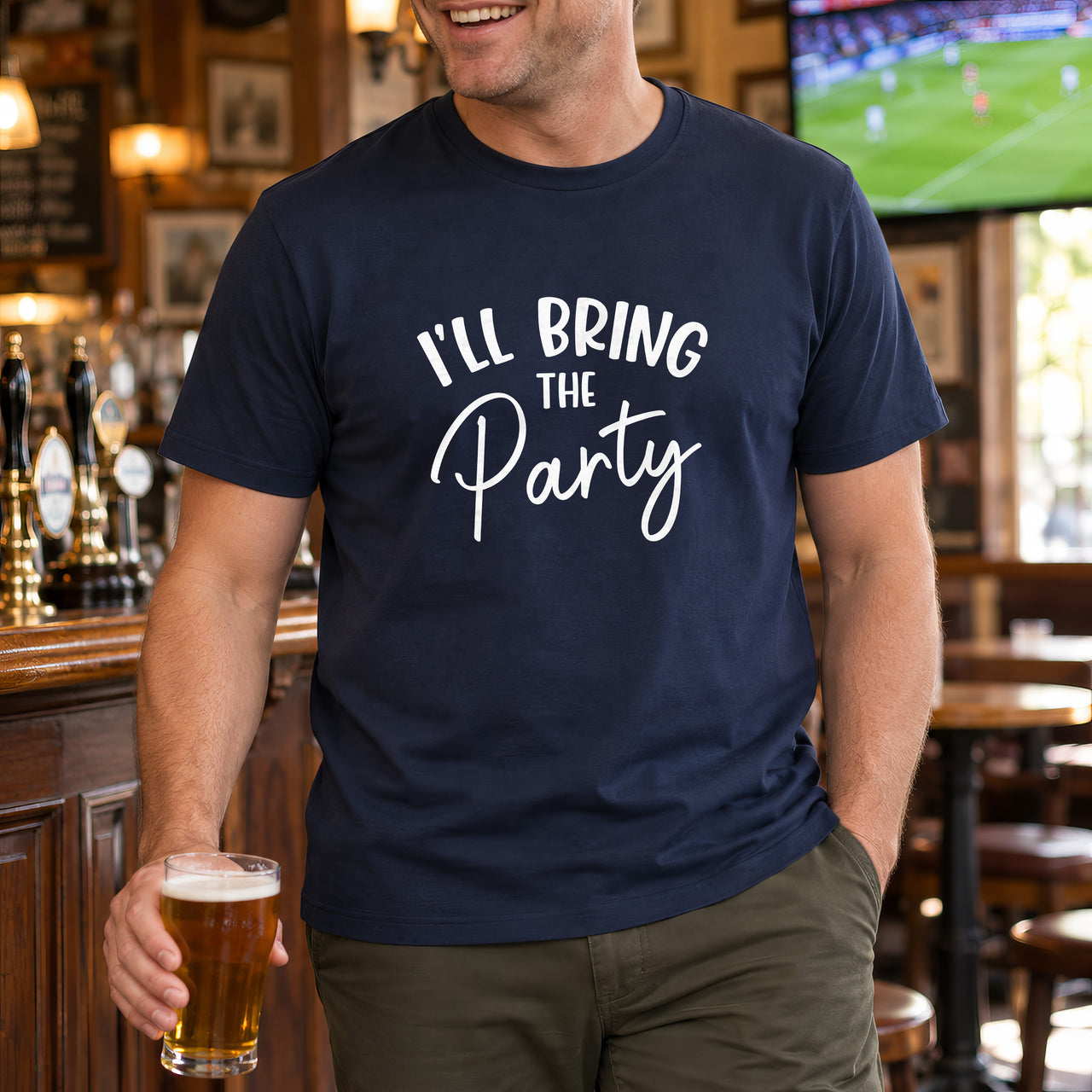 Navy T-shirt with the I'll Bring the Party design printed on the chest