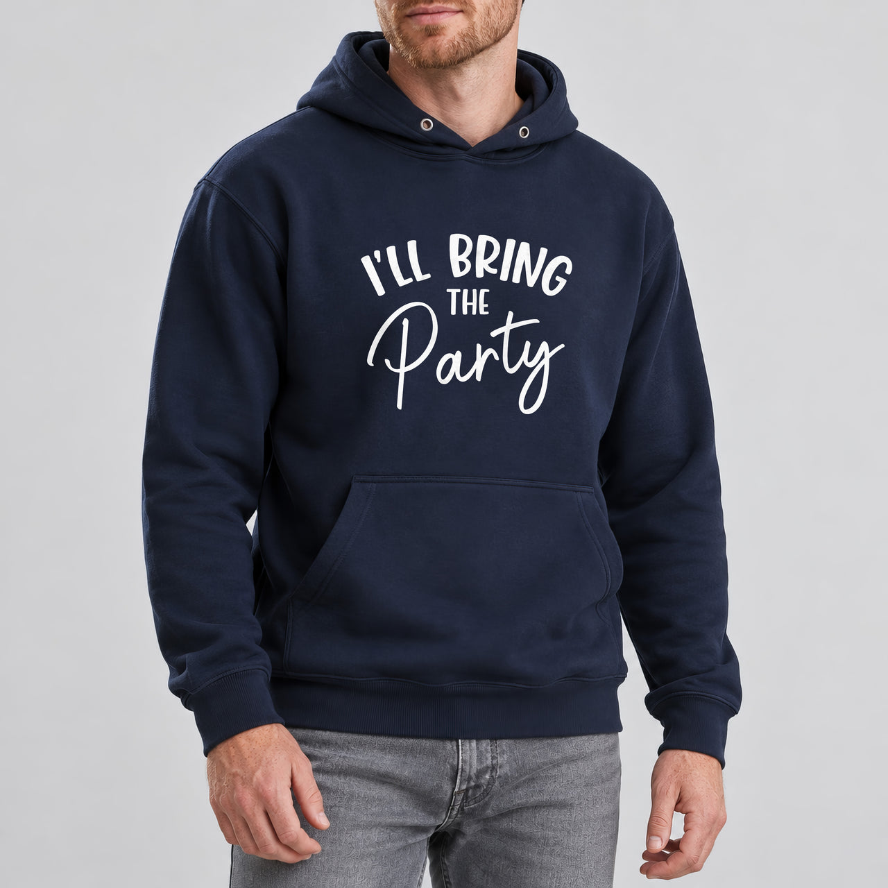 Navy hoodie with the I'll Bring the Party design printed on the chest