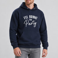 Navy hoodie with the I'll Bring the Party design printed on the chest