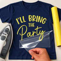 Navy T-shirt with yellow vinyl 'I'LL BRING THE Party', iron-on vinyl transfer being peeled