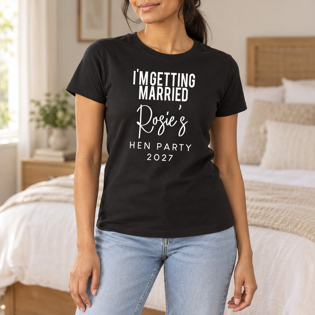 I'm Getting Married Hen Party Iron-On Transfer, shown on a black t-shirt