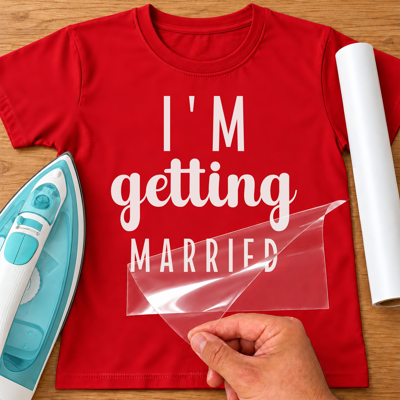 Red t-shirt with white "I'm getting married" iron-on vinyl lettering, iron and carrier sheet being peeled