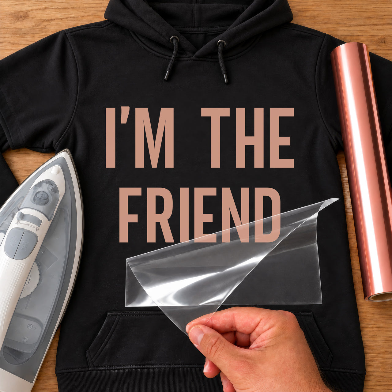 Black hoodie with rose gold "I'm the friend" lettering, iron and vinyl roll, carrier sheet being peeled