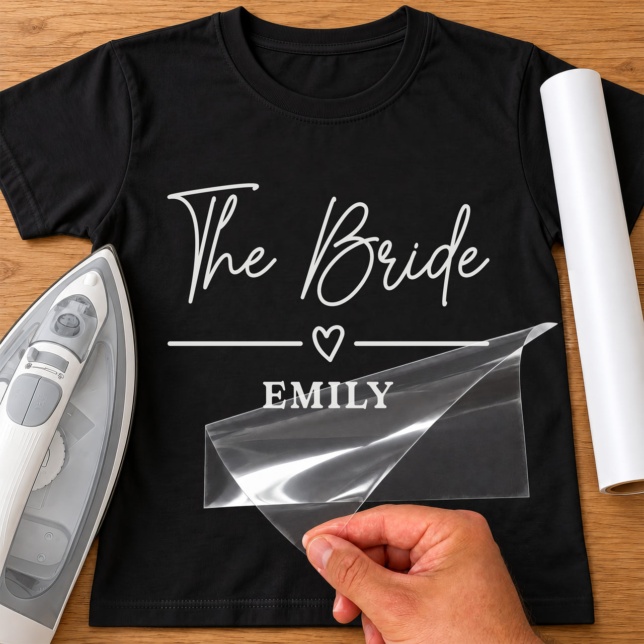 The Bride iron-on transfer on a t-shirt