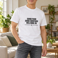 Iron-On Menu or Rules Text - Up to Five Lines on One Sheet, shown on a white t-shirt