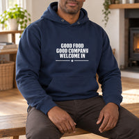 Iron-On Menu or Rules Text - Up to Five Lines on One Sheet, shown on a navy hoodie