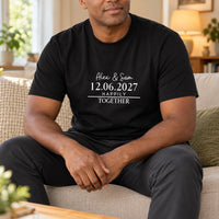 Iron On Wedding Text, shown on a black t-shirt