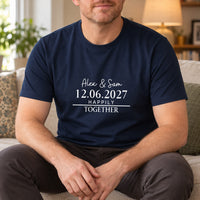 Iron On Wedding Text, shown on a navy t-shirt