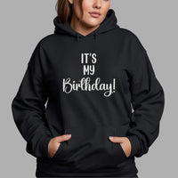 It's My Birthday Flamingo Iron-On Transfer - Birthday Slogan Design shown on a hoodie
