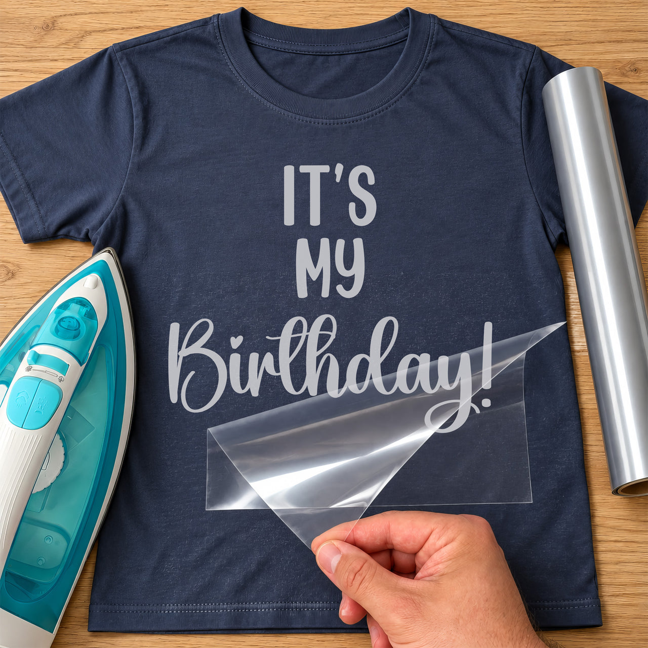 It's My Birthday Flamingo iron-on transfer: silver IT'S MY Birthday! on a navy T-shirt, film being peeled
