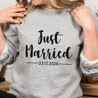 Just Married Date Iron-On Transfer shown on a sweatshirt