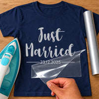 Mockup: navy T-shirt with silver script 