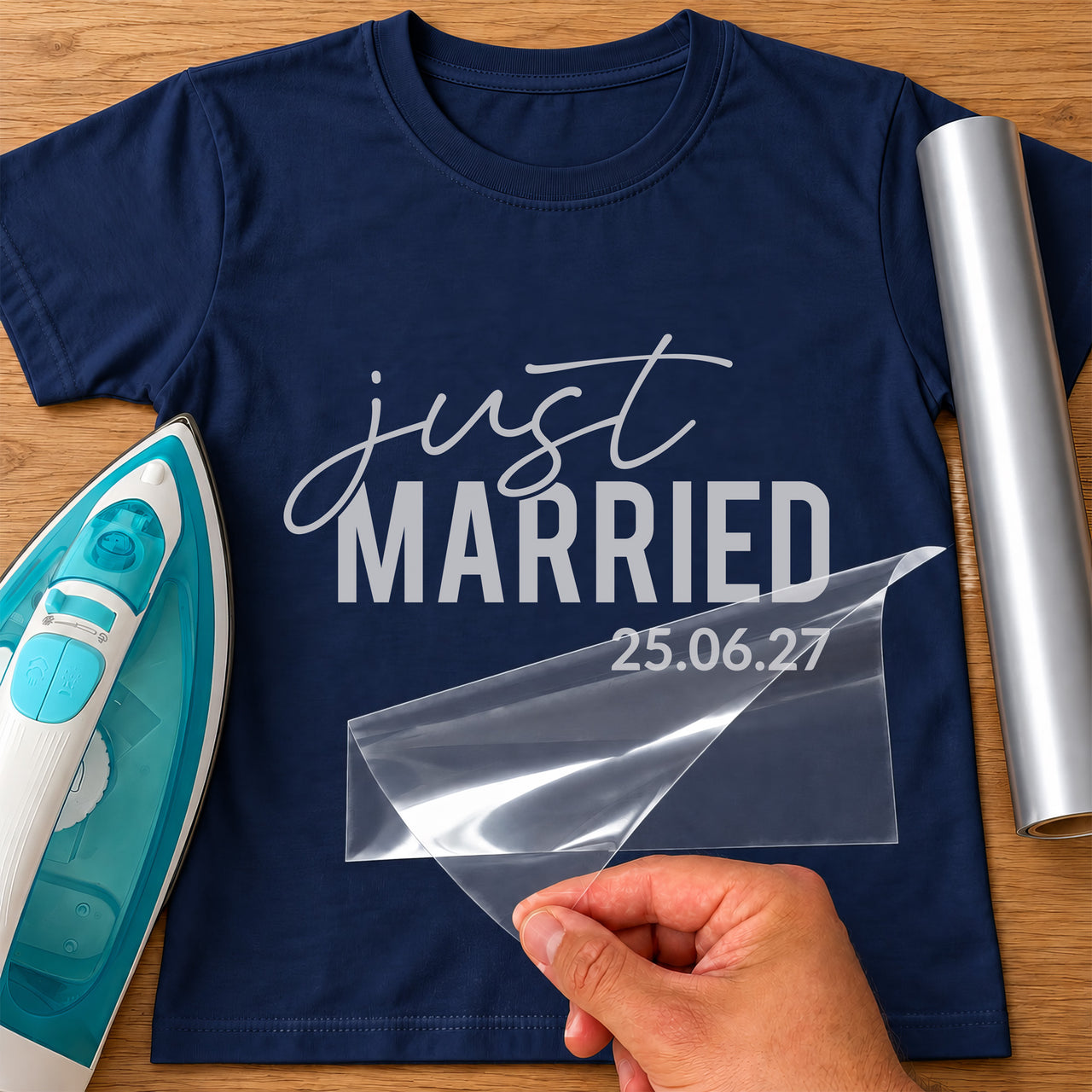 Navy T-shirt with silver 'just' script, 'MARRIED' bold capitals and '25.06.27' iron-on transfer, iron and silver vinyl roll