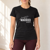 Just Married Iron-On Transfer - Personalised Wedding Date HTV Design, shown on a black t-shirt