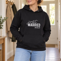 Just Married Iron-On Transfer - Personalised Wedding Date HTV Design, shown on a black hoodie