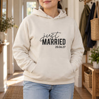 Just Married Iron-On Transfer - Personalised Wedding Date HTV Design, shown on a natural hoodie