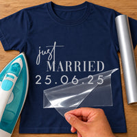 Navy T-shirt with silver 'just MARRIED 25.06.25' in script and serif capitals, wedding iron-on vinyl transfer