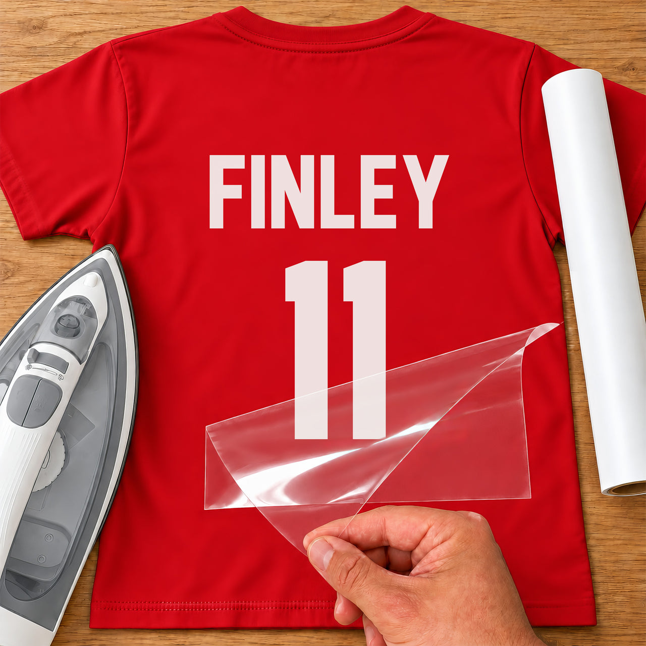 Kids Netball Name Number iron-on transfer: white FINLEY 11 on a red T-shirt, film being peeled