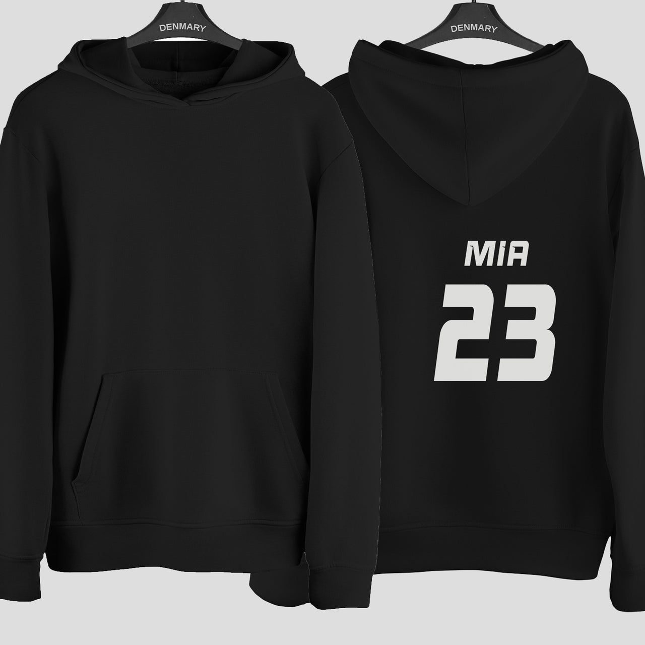 Kids Rugby Shirt Name Number Iron-On Transfer shown on a hoodie