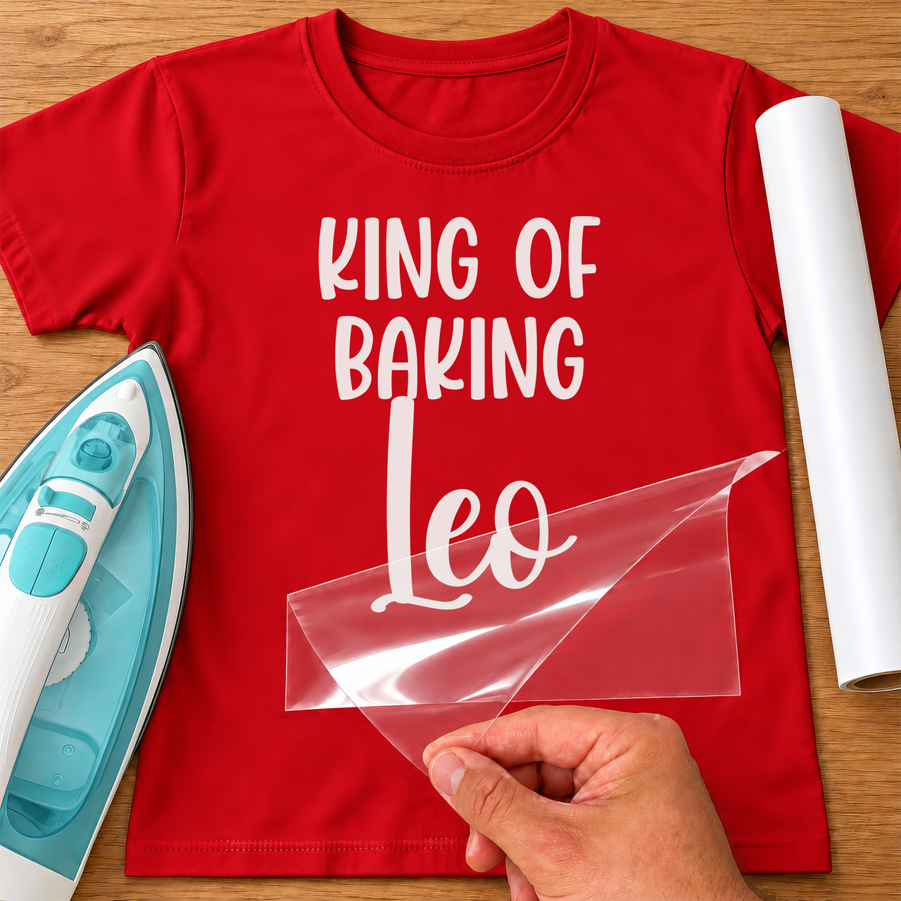 Mockup: red T-shirt with white vinyl 'King of Baking' and the sample name 'Leo' in script, carrier being lifted