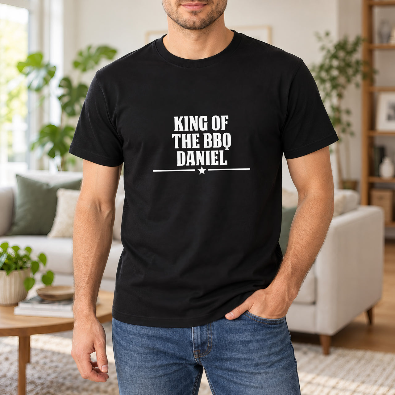 King Of The BBQ Personalised Iron-On Transfer, shown on a black t-shirt