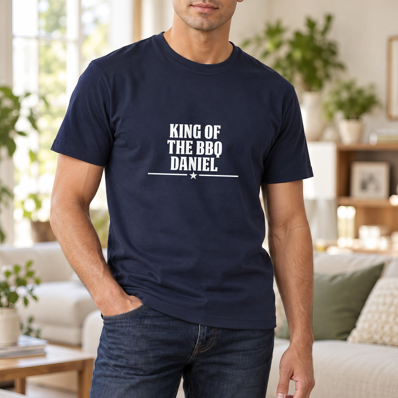 King Of The BBQ Personalised Iron-On Transfer, shown on a navy t-shirt