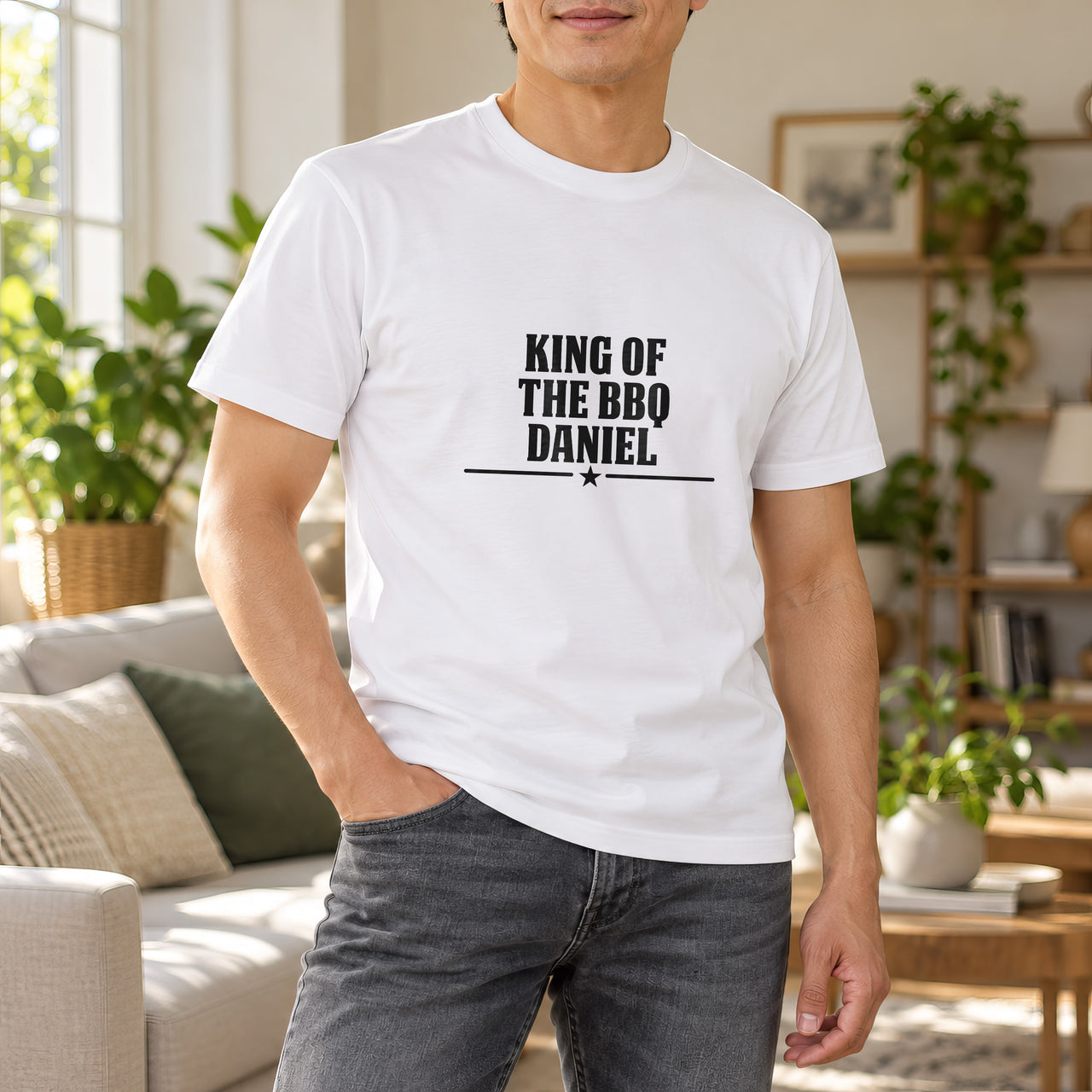 King Of The BBQ Personalised Iron-On Transfer, shown on a white t-shirt
