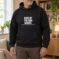 King Of The BBQ Personalised Iron-On Transfer, shown on a black hoodie
