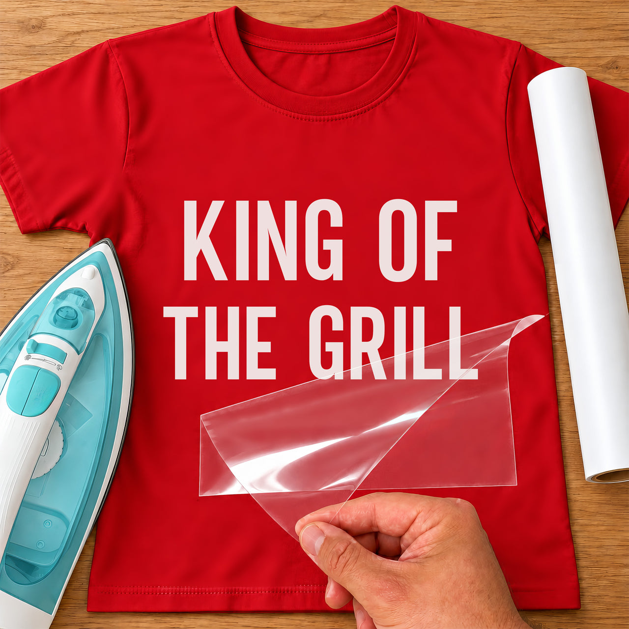 Mockup: red T-shirt with white vinyl 'King of the Grill' in tall capitals, iron and transfer sheet alongside
