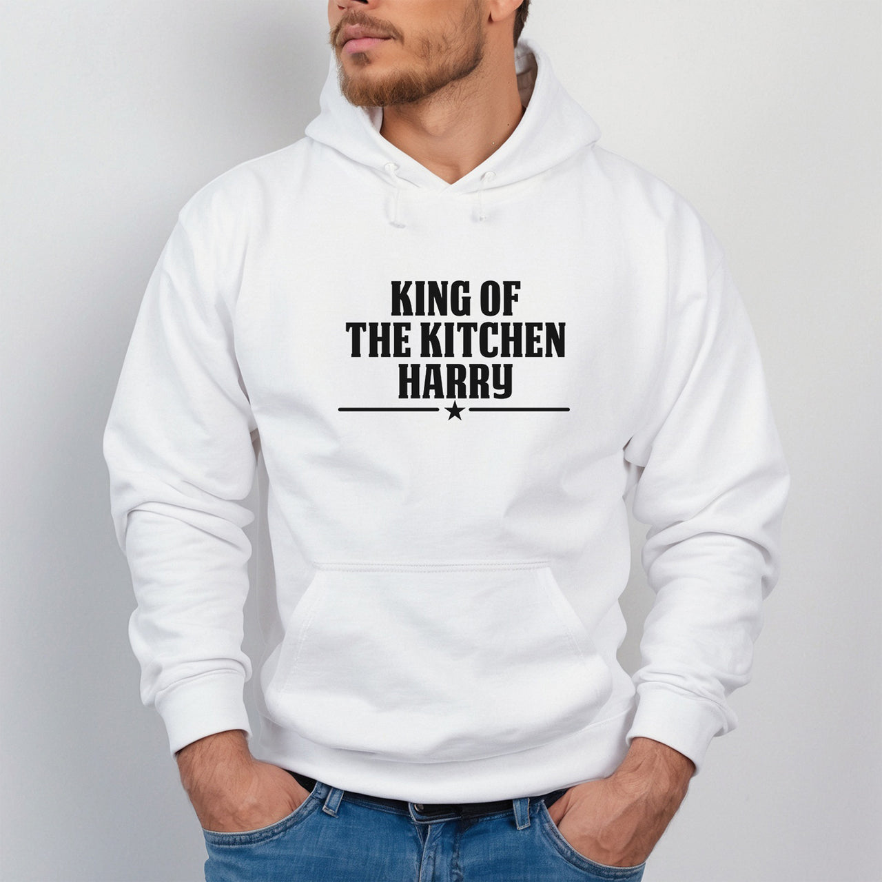 King of the Kitchen Iron-On Transfer - Personalised Name Design shown on a hoodie