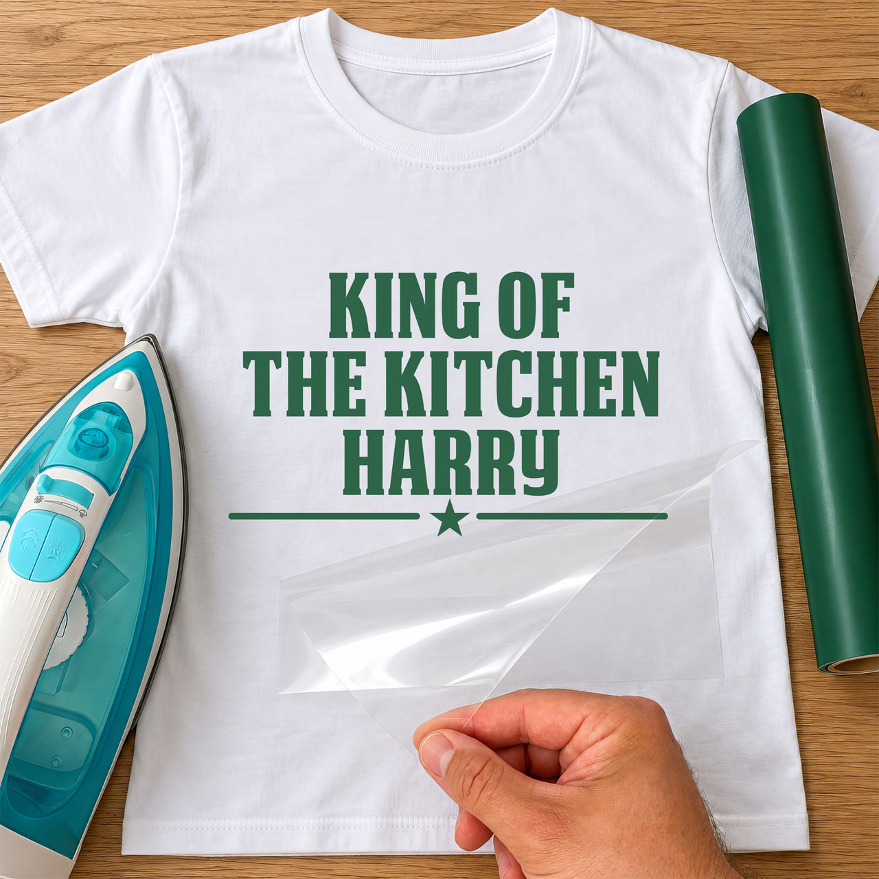 King of the Kitchen name iron-on transfer: green KING OF THE KITCHEN HARRY with a star on a white T-shirt, film being peeled