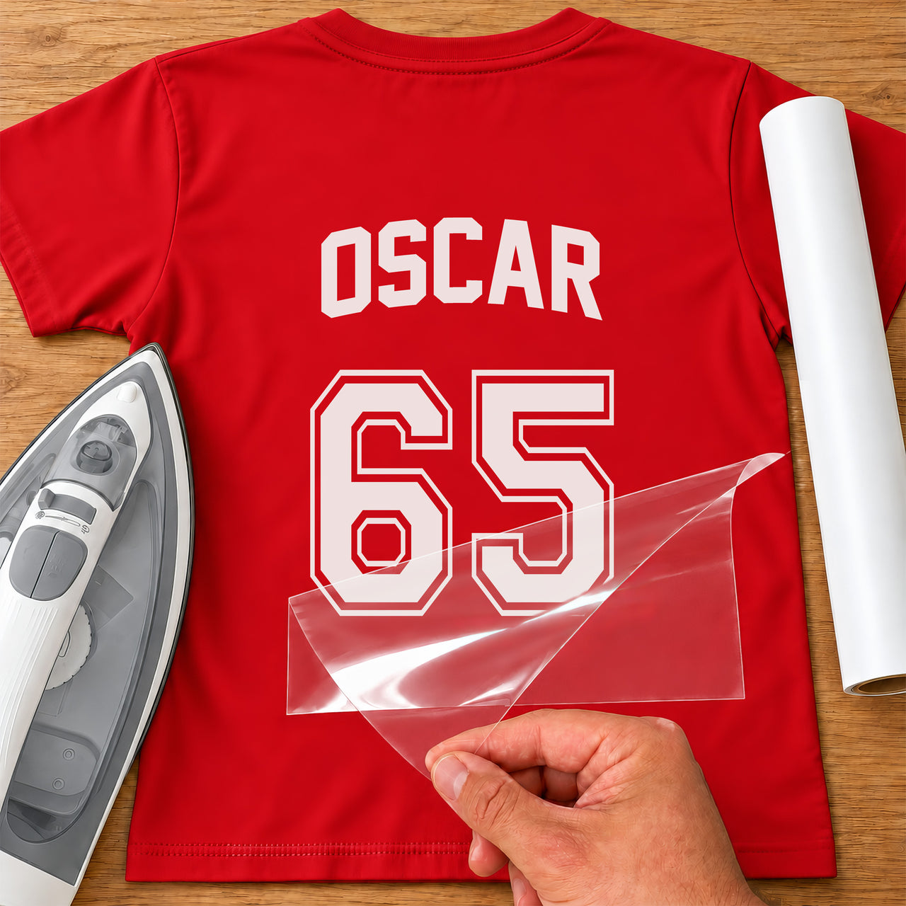 Red T-shirt back with white 'OSCAR' and outlined '65', kit style name and number iron-on transfer