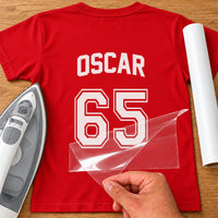 Red T-shirt back with white 'OSCAR' and outlined '65', kit style name and number iron-on transfer