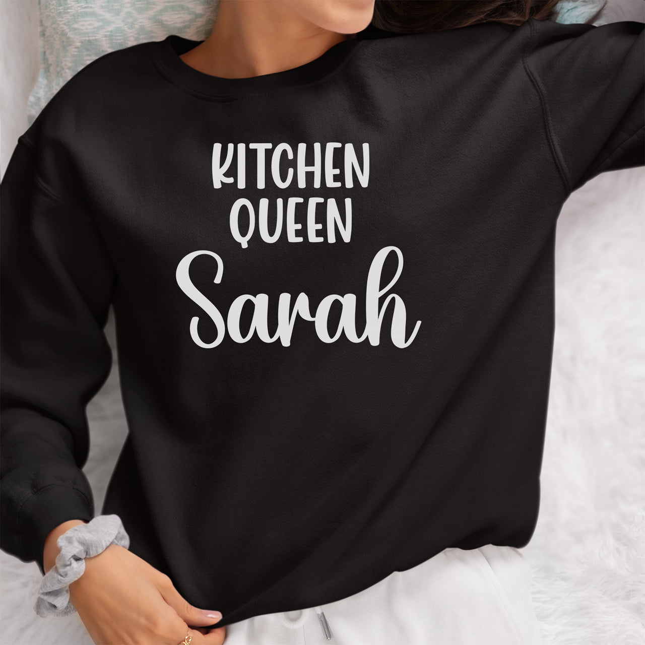 Kitchen Queen Iron-On Transfer - Personalised Name Design shown on a sweatshirt