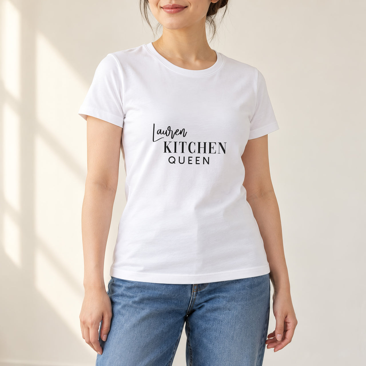 Kitchen Queen Iron-On Transfer - Personalised Name On Top, shown on a white t-shirt