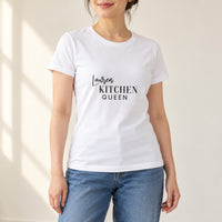 Kitchen Queen Iron-On Transfer - Personalised Name On Top, shown on a white t-shirt