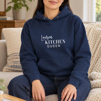 Kitchen Queen Iron-On Transfer - Personalised Name On Top, shown on a navy hoodie