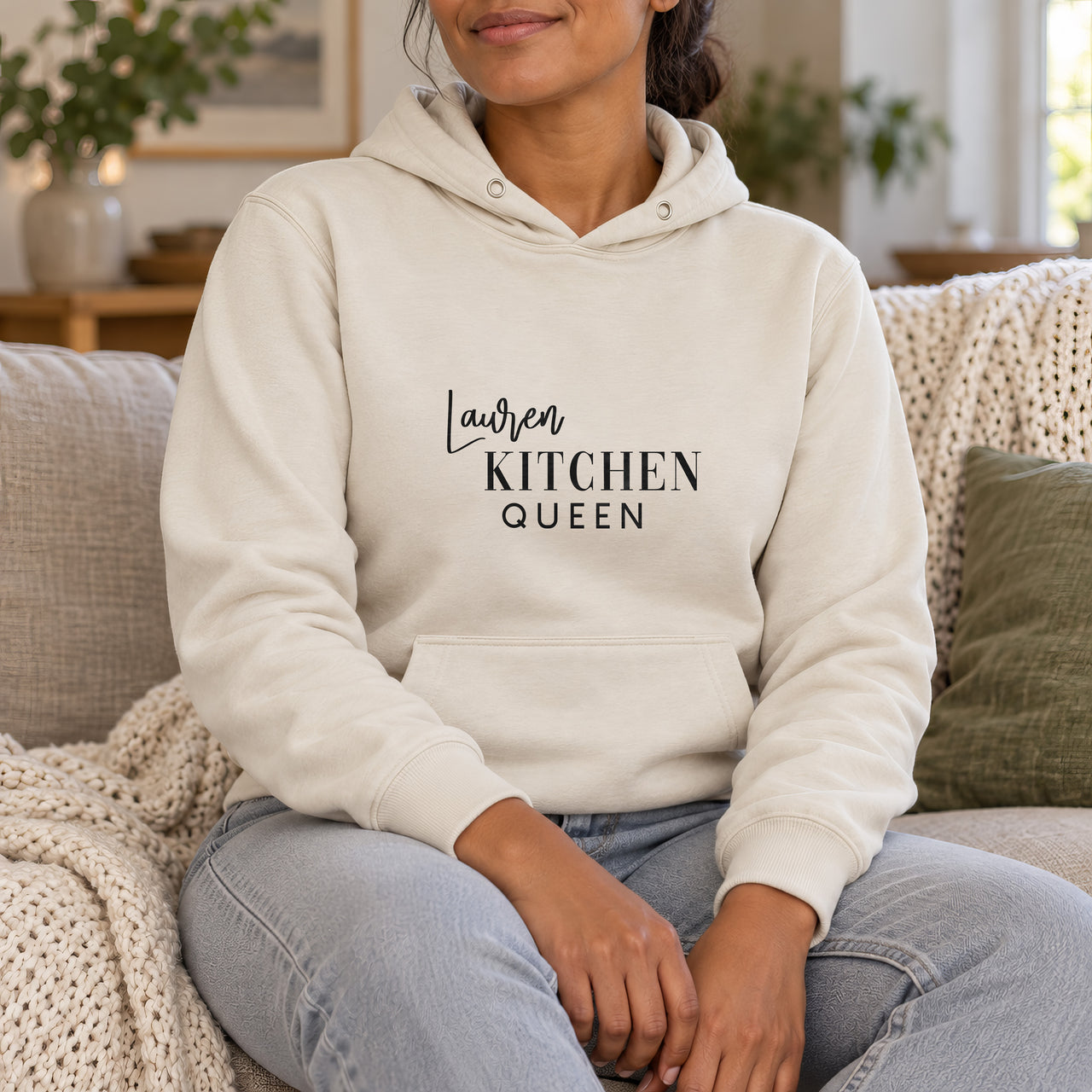 Kitchen Queen Iron-On Transfer - Personalised Name On Top, shown on a natural hoodie