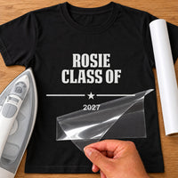 Leavers Class Of iron-on transfer, sample wording: white ROSIE CLASS OF 2027 on a black T-shirt, film being peeled