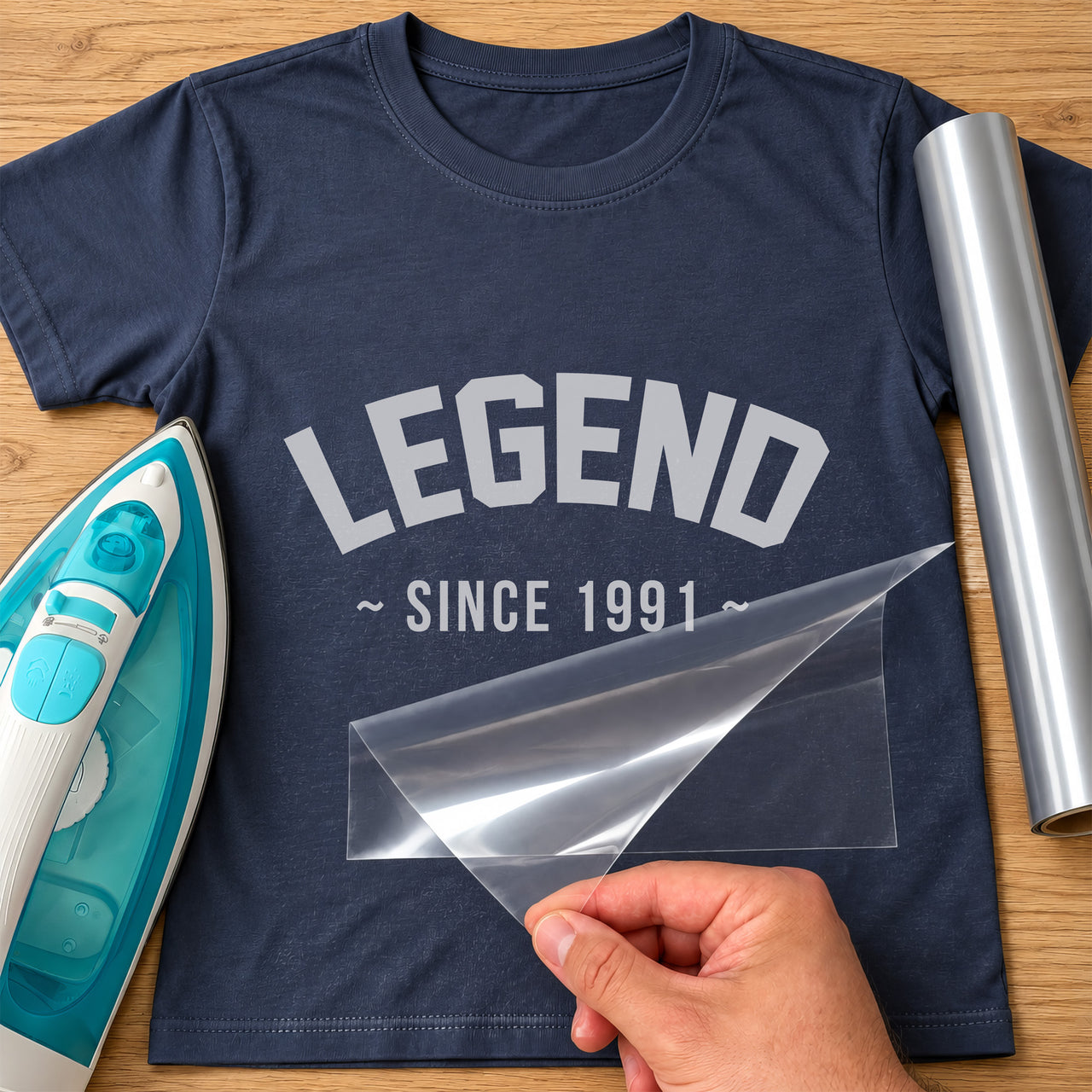 Navy T-shirt mockup with arched silver 'LEGEND' and '~ SINCE 1991 ~' applied as iron-on vinyl transfer