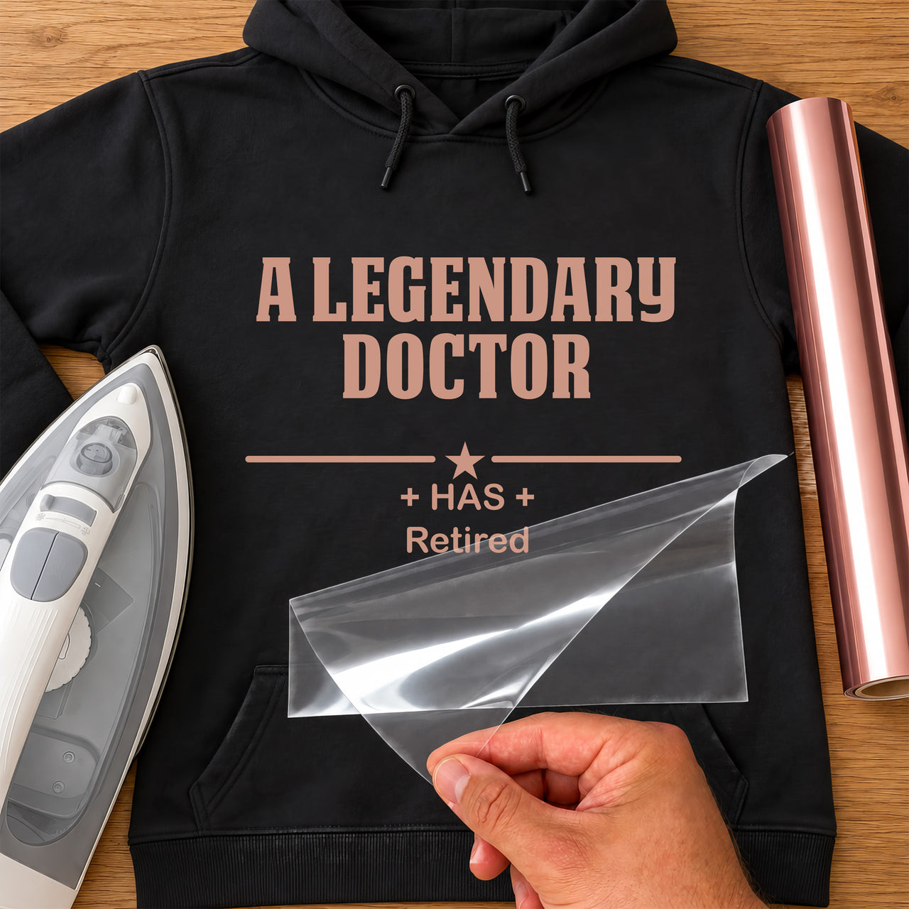 Black hoodie with rose gold 'A LEGENDARY DOCTOR + HAS + Retired' iron-on transfer, iron and rose gold vinyl roll