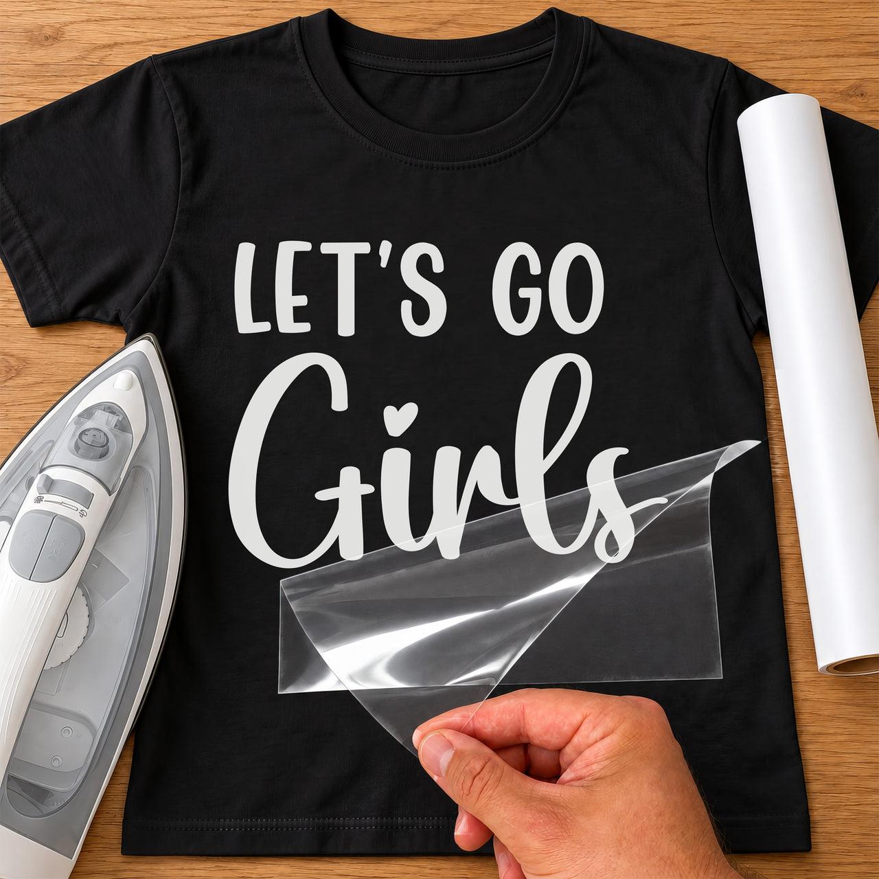 Black T-shirt with white 'LET'S GO Girls' and a heart above the i, hen party iron-on transfer beside a white roll