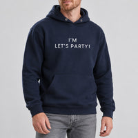 Navy hoodie with the I'm Let's Party design printed on the chest