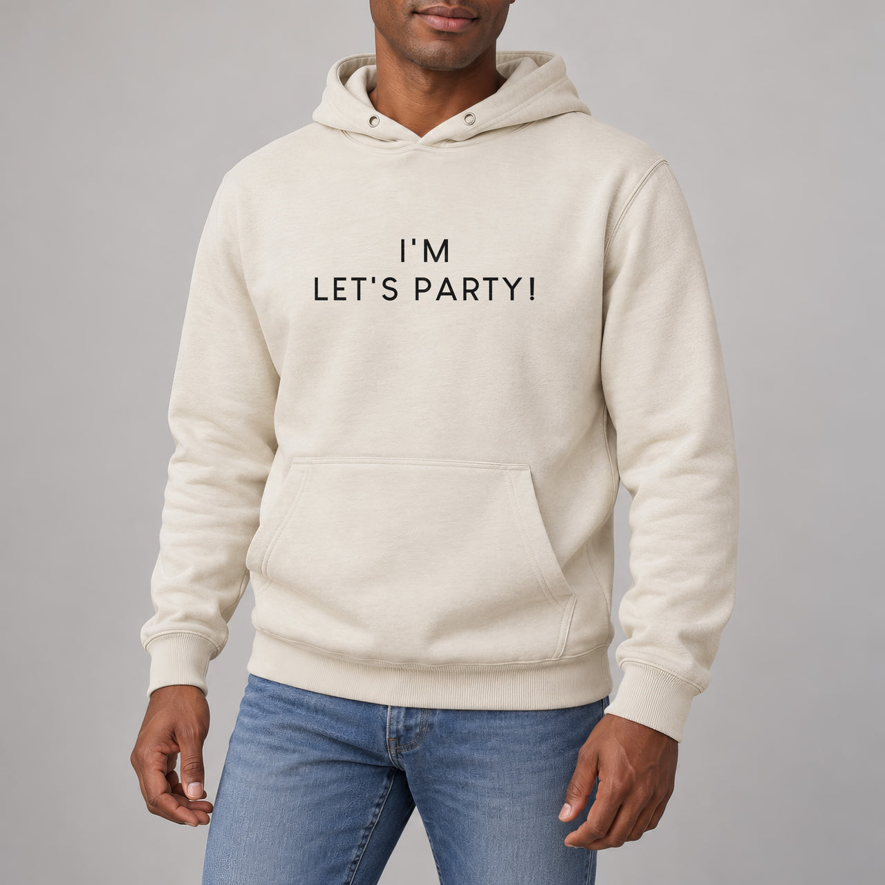 Sand hoodie with the I'm Let's Party design printed on the chest