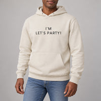 Sand hoodie with the I'm Let's Party design printed on the chest