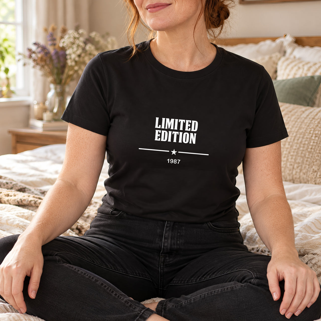 Limited Edition Birth Year Iron-On Transfer - Personalised Big Birthday HTV, shown on a black t-shirt
