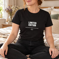 Limited Edition Birth Year Iron-On Transfer - Personalised Big Birthday HTV, shown on a black t-shirt