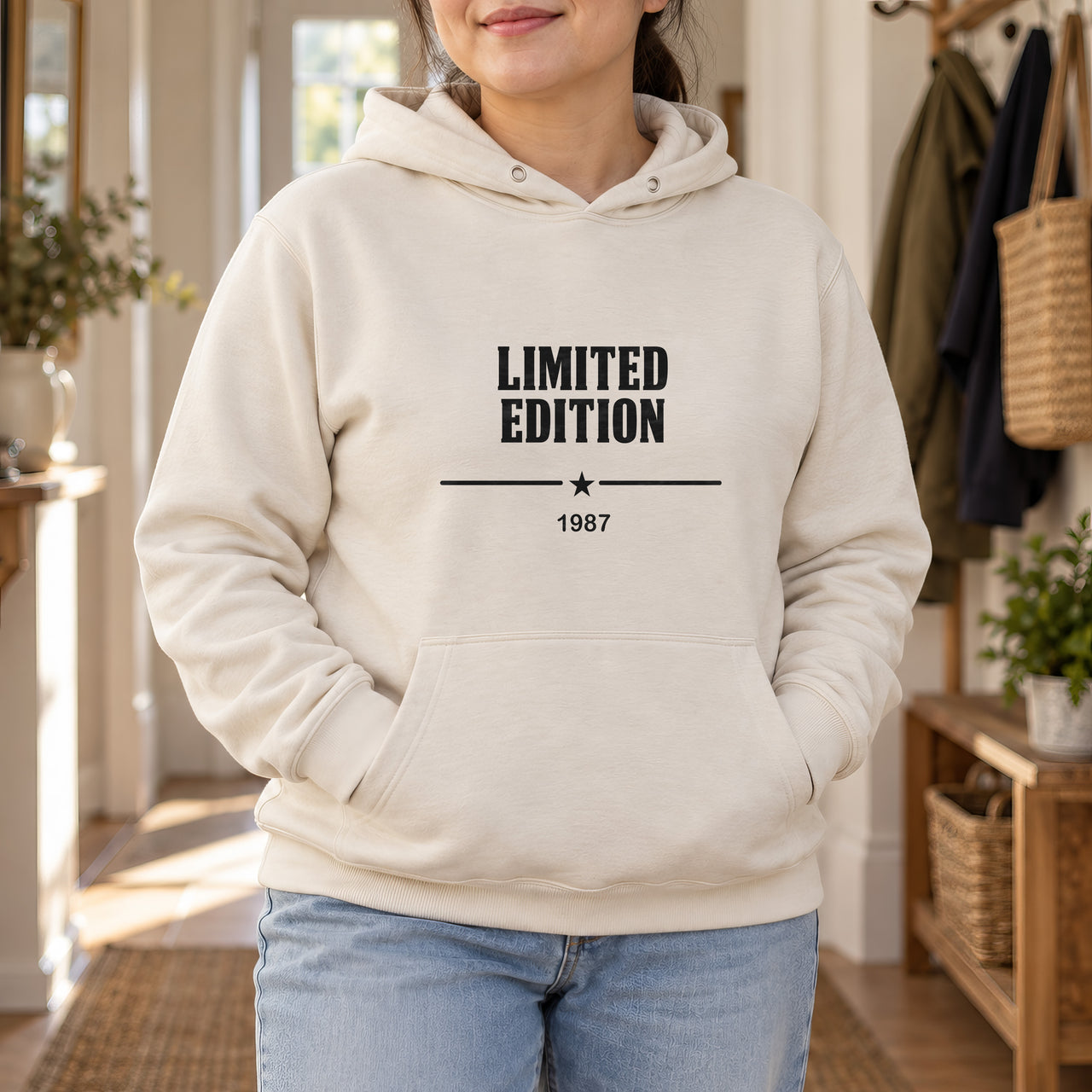 Limited Edition Birth Year Iron-On Transfer - Personalised Milestone Birthday HTV 2, shown on a natural hoodie